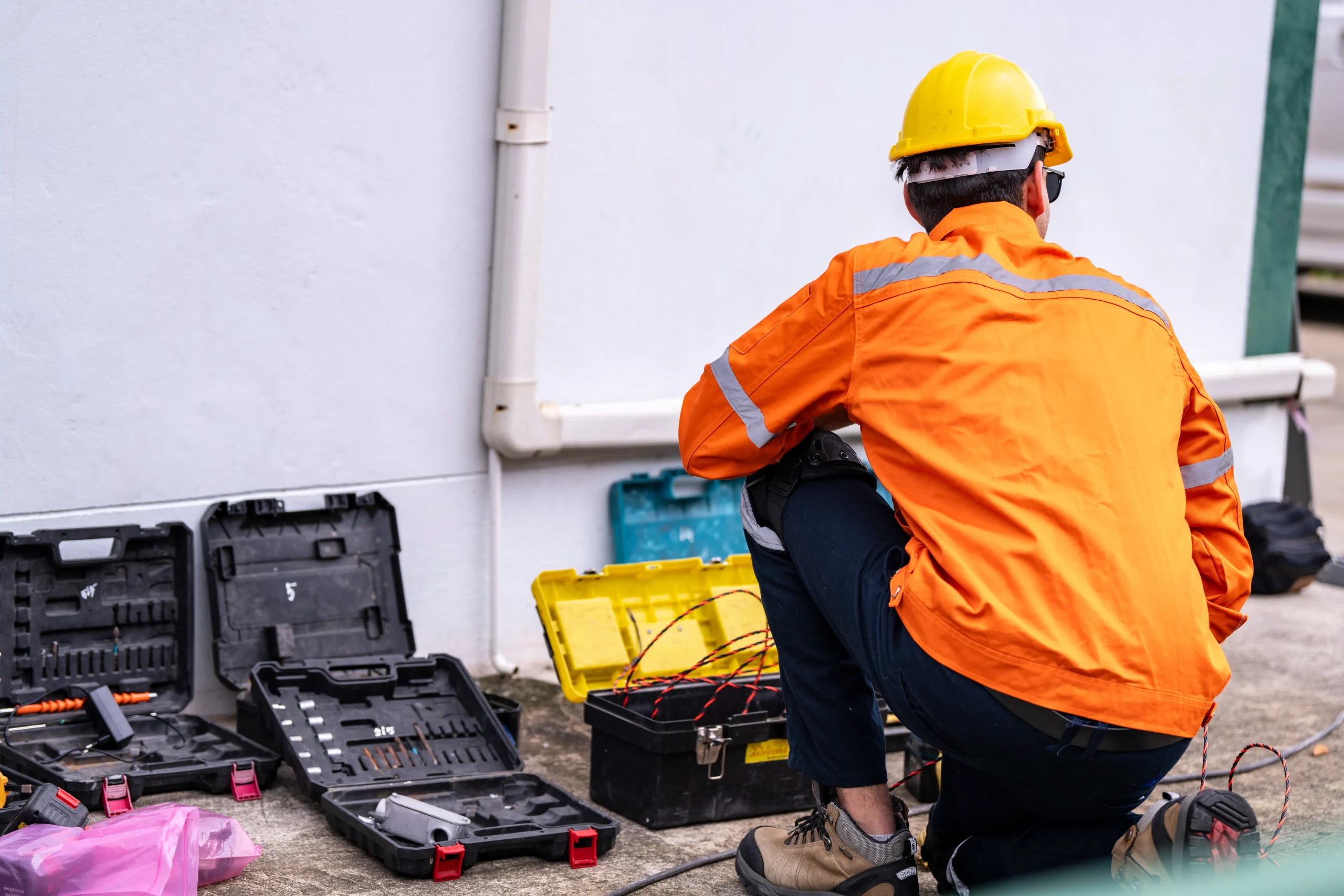 A worker in an orange safety jacket and yellow helmet crouches by a wall, surrounded by open toolboxes and electrical wiring, focused on repairs.